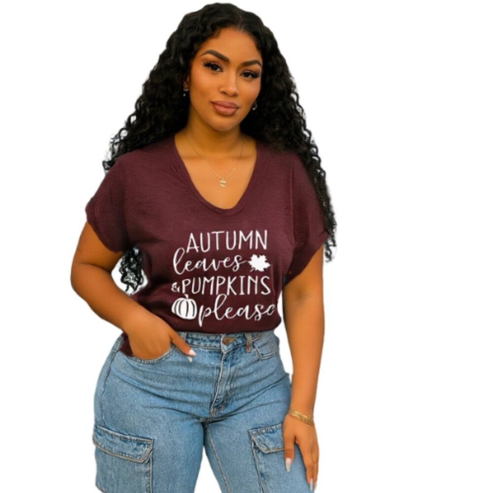 Autumn Leaves & Pumpkins Please T-Shirt | Fall Graphic Tee for Women